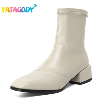 Женские эластичные ботинки YATAGODY Размера 32-44 с квадратным носком, Классическая женская обувь на среднем массивном каблуке, зимние ботильоны, эластичные ботинки в стиле ретро