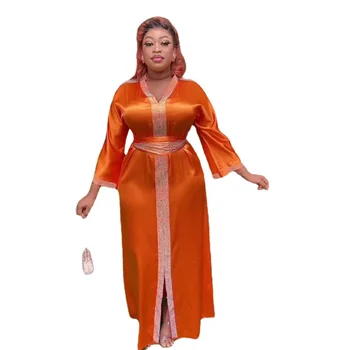 2023 Летние Элегантные африканские женские платья с длинным рукавом и V-образным вырезом из полиэстера, однотонное длинное платье в африканском стиле Дашики для женщин