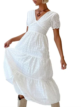Женское платье с V-образным вырезом, с пышными рукавами, с высокой талией, Открытое Длинное платье, Многоуровневое платье Макси-сорочка с оборками