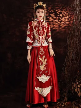 Размер 6XL Традиционная Роскошная Изысканная Вышивка Феникса Китайская Пара Восточное Свадебное платье Cheongsam Qipao Robe Vestid