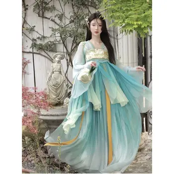 Традиционное китайское платье Hanfu с синей градиентной вышивкой, Женский костюм Династии Тан, Элегантные сказочные танцевальные костюмы Vestido Oriental