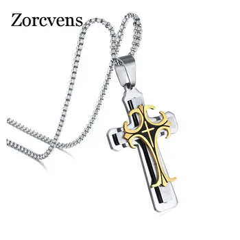 ZORCVENS Мужской Большой Крест из нержавеющей Стали с Лилиями, 3-тонное Ожерелье с подвеской, 24 