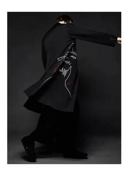 Тренч с вышивкой, мужские куртки Yohji Yamamoto, мужское пальто, длинное мужское пальто, мужская одежда, пальто Унисекс, длинный пиджак, тренчкот