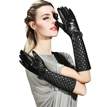 Модные Черные Перчатки из натуральной овечьей кожи Длиной 40 см, женские перчатки с вышивкой Бабочкой, зимняя сенсорная перчатка из овчины