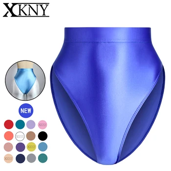 XCKNY, атласные глянцевые трусы, сексуальные однотонные блестящие брюки, гладкие шелковистые колготки-бикини с высокой талией, гимнастическое белье маслянистой формы