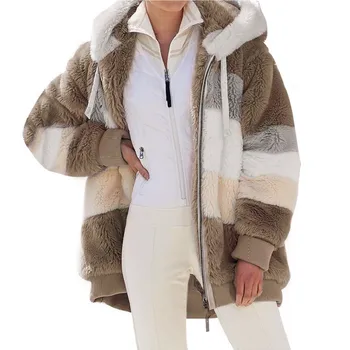 Взрывное европейское и американское осенне-зимнее пальто 2023 года, теплое плюшевое лоскутное пальто с карманом на молнии и капюшоном, свободное пальто для женщин
