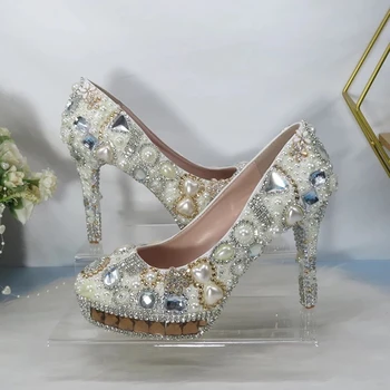 2022 Новые Женские свадебные туфли со стеклом и кристаллами, Роскошные туфли на платформе, Вечерние модельные туфли с жемчугом цвета слоновой кости, туфли-лодочки для Невесты, женские туфли на высоком каблуке 14 см