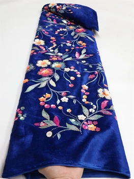 Новейшая африканская бархатная кружевная ткань 5 ярдов, Высококачественная Королевская синяя Кружевная ткань с блестками, Французская сетчатая ткань для вечернего платья