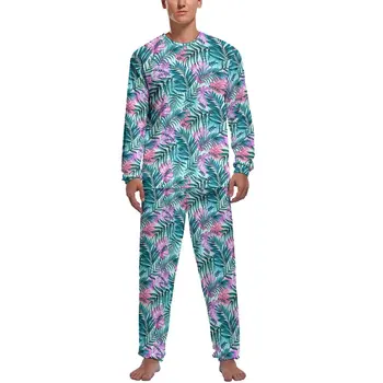 Пижама с тропической пальмой, весенние листья монстеры, повседневный домашний костюм, мужской модный пижамный комплект с длинными рукавами и принтом из 2 предметов