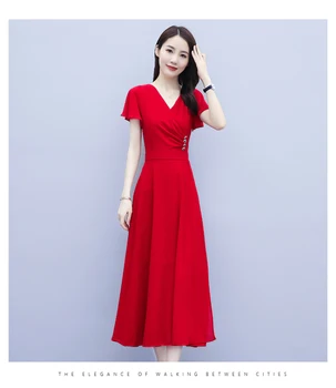 Женское платье с V-образным вырезом и короткими рукавами в корейском стиле, Лето 2023, Новая мода, Дизайн с боковым разрезом, Тонкое шифоновое Длинное платье