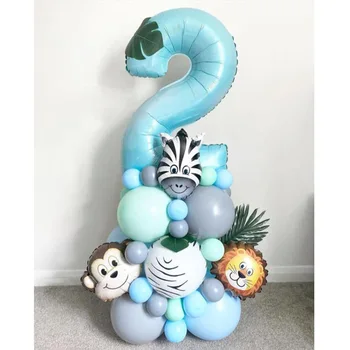 Башня из воздушных шаров с дикими животными с синим номером 0-9, воздушный шар для мальчика, Сафари в джунглях, украшение для вечеринки в честь дня рождения, Лесная вечеринка