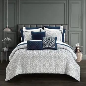 Better Homes & Gardens Темно-синий Букингемский Жаккард, 12 предметов, предварительно выстиранная кровать в сумке, Queen