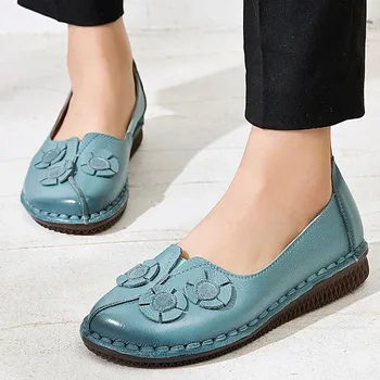 Синие дизайнерские винтажные туфли с цветочным рисунком, балетки из натуральной кожи, Черные женские лоферы, Женская повседневная обувь для ходьбы на плоской подошве
