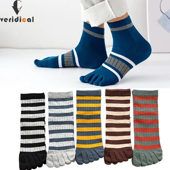 5 пар Мужских коротких носков с носками из чистого хлопка в полоску, деловые, молодежные, уличные, красочные, с пятью пальцами, Счастливые Носки Sokken