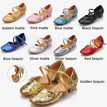 Обувь для Латиноамериканских танцев с блестящим бантом и закрытым носком; Обувь для Латиноамериканских танцев Для девочек; Детская Женская обувь для танцев Танго на низком каблуке 3,5 см; Женская обувь для Сальсы
