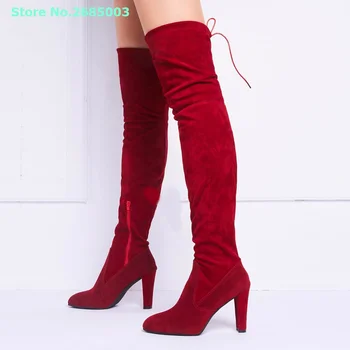 Замшевые однотонные красные ботинки на шнуровке, с острым носком, на высоком квадратном каблуке выше колена, с боковой молнией, Женские Осенне-зимние вечерние платья, Длинные сапоги