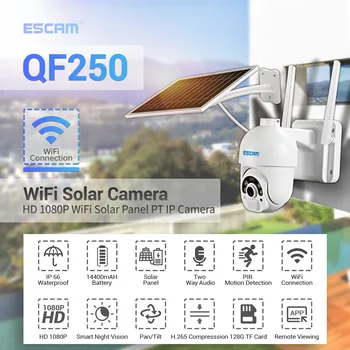 Облачное хранилище ESCAM QF250 1080P WIFI Аккумулятор PIR Сигнализация купольная IP камера С солнечной панелью Полноцветное ночное видение Двухстороннее аудио