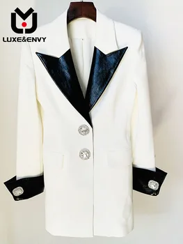 LUXE & ENVY 2023 Новый Контрастный кожаный костюм с воротником и пуговицами, приталенное платье для костюма с длинным рукавом