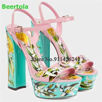 Женские босоножки на платформе с квадратным каблуком и цветочным узором, женские элегантные туфли с круглым носком и ремешком на щиколотке, модная обувь для вечеринок