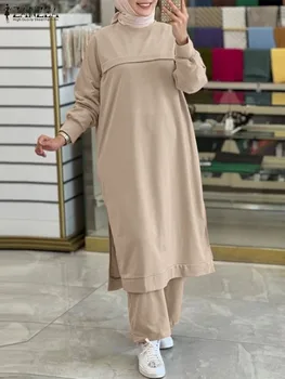 ZANZEA Мусульманские Комплекты из 2 предметов Исламская Одежда Eid Mubarek Abaya Женская Блузка С Длинным Рукавом Повседневные Брюки Свободные Комплекты Брюк Спортивные Костюмы