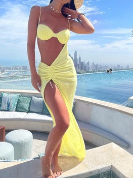 Сексуальное длинное платье слинг, открытое Желтое летнее платье, Женское Легкое Пляжное платье для горячей девушки, Праздничный стиль Vestidos De Mujer