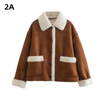 2ABA Новая осенне-зимняя куртка из овечьей шерсти, женская куртка с отворотом, карман с длинным рукавом, Украшенное утолщенное теплое двустороннее короткое коричневое пальто