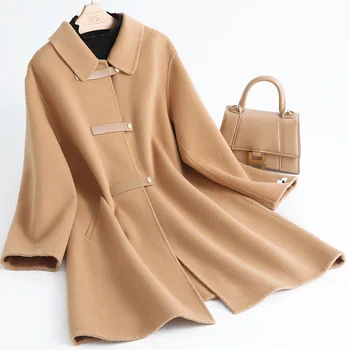 Двустороннее кашемировое пальто Camel, Женское пальто средней длины 2022, новое Маленькое пальто из 100% чистой шерсти высокого качества