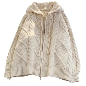 2023 свободный корейский вязаный кардиган с капюшоном, утолщенная куртка, осенне-зимний свитер для женщин