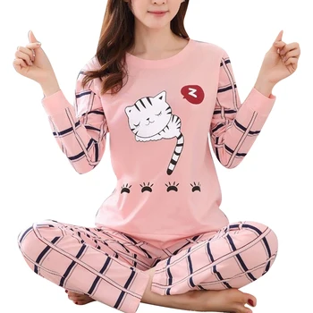 женский костюм из 5 цветов, зимний пижамный комплект с милым рисунком кота из мультфильма, женская пижама-двойка, брючные костюмы с длинными рукавами