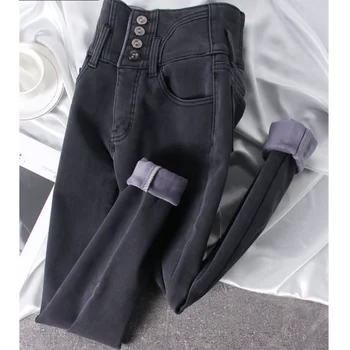 Осенние Тонкие винтажные джинсовые брюки Плюс бархатные плотные джинсы с высокой талией, женские модные зимние обтягивающие капри-карандаш VaquerosWarm