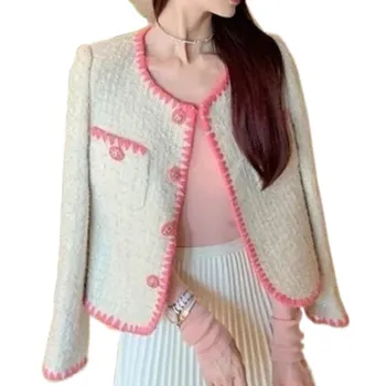 Французский стиль, Весенне-Осенняя Твидовая короткая куртка, Женская Винтажная верхняя одежда с круглым вырезом и небольшим ароматом