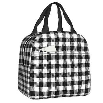 Черно-белая Клетчатая коробка для ланча, женская сумка в геометрическую клетку, Термосумка для ланча с пищевой изоляцией, сумки для работы, сумки для пикника