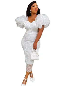 Платья из полиэстера в африканском стиле для женщин 2023, весенне-летнее африканское женское Белое платье длиной до колена с коротким рукавом, расшитое блестками, L-3XL