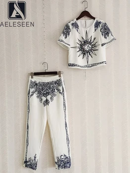AELESEEN/ Женский Модный Дизайнерский комплект из 2 предметов, Белый Короткий топ с цветочным принтом, расшитый блестками и кристаллами, + Брюки, Повседневный комплект для Праздничной вечеринки