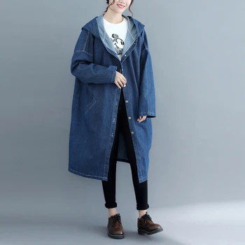 Корейская версия, новая осенне-зимняя джинсовая ветровка со свободными карманами, женская однотонная джинсовая куртка средней длины с длинными рукавами и капюшоном