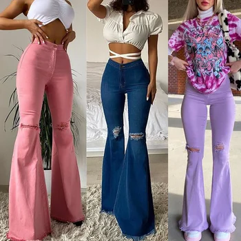 2023 Повседневные женские джинсы с приподнятыми ягодицами, брюки-клеш с заусенцами на подоле и цветные эластичные джинсовые брюки