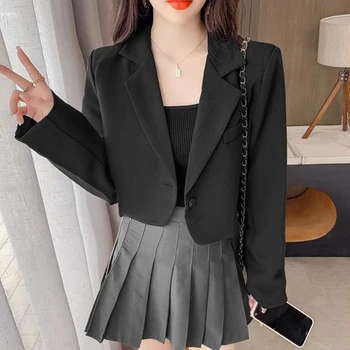 Корейский укороченный пиджак, блейзер, блейзеры, женская однотонная простая верхняя одежда на одной пуговице, универсальный офисный костюм с длинными рукавами для подростков