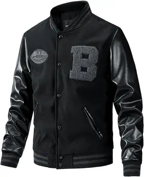 Мужская модная университетская куртка, уличная одежда, приталенное бейсбольное пальто-бомбер Letterman с кожаным рукавом