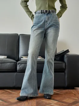 Весенне-осенние женские повседневные однотонные джинсы-клеш с высокой талией, приталенного кроя