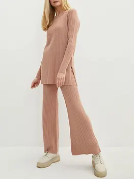 Женская трикотажная одежда из 2 предметов, однотонные топы с длинными рукавами и эластичные расклешенные брюки, уличная эстетичная одежда