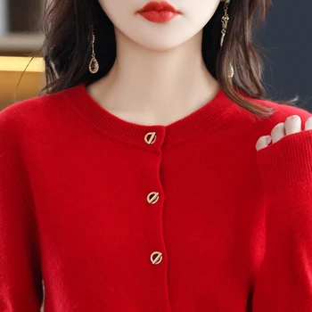 Весенний новый кардиган из 100% чистой шерсти, женская корейская версия свободного свитера, пальто с длинным рукавом, вязаный джокер.