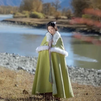 Китайская одежда, Женский Осенне-зимний Плащ с Длинной бархатной Подкладкой, Утолщенный Большой Меховой воротник, Сказочный Зеленый Плащ в Китайском Стиле, Пальто