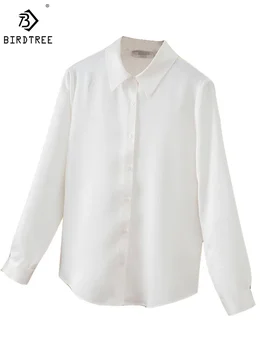 Birdtree 100% натуральный шелк, плотный атлас, белые простые рубашки, классическая элегантная женская модная рубашка с длинными рукавами, летняя новинка 2023, T37970QM