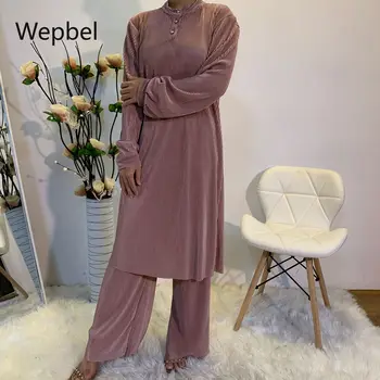 Weppel, арабский простой плиссированный мусульманский женский костюм из двух предметов, однотонные топы, брюки с высокой талией, исламские женские комплекты одежды