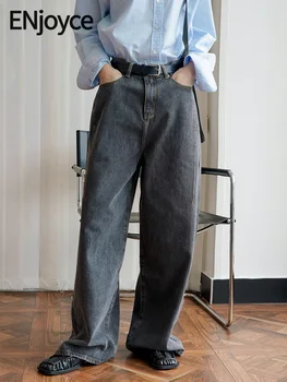 Наслаждайтесь Весенне-осенними женскими ретро-серыми широкими джинсами, Высокими уличными дамскими Свободными прямыми джинсовыми брюками, брюками Cargopants