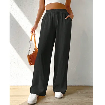 Женские Повседневные Хлопчатобумажные Льняные Широкие брюки, однотонные прямые брюки со средней талией, эластичный пояс, Оверсайз, Свободная летняя мода