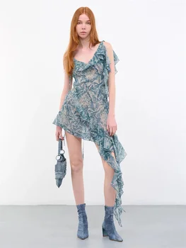 Traf 2023 Женское платье из шифона с 3D принтом листьев лотоса, облегающий корсет, сексуальное женское платье, одежда y2k, новая мода, нерегулярная юбка, бюстгальтер