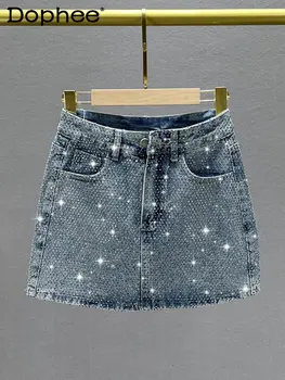 Джинсовая юбка с тяжелой вышивкой и горячим бурением, Женская Летняя юбка 2023 с высокой талией, Облегающая мини-юбка трапециевидной формы