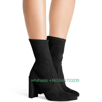 Демисезонные Белые ботильоны Кожаные ботинки на массивном каблуке, черные ботинки с носком Из эластичной ткани, женская модная обувь