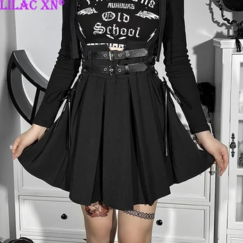 Харадзюку бретельками плиссированные мини-юбки для женщин девочек винтажные черные пояса-бандаж с высокой талией Юбка сексуальная юбка уличная